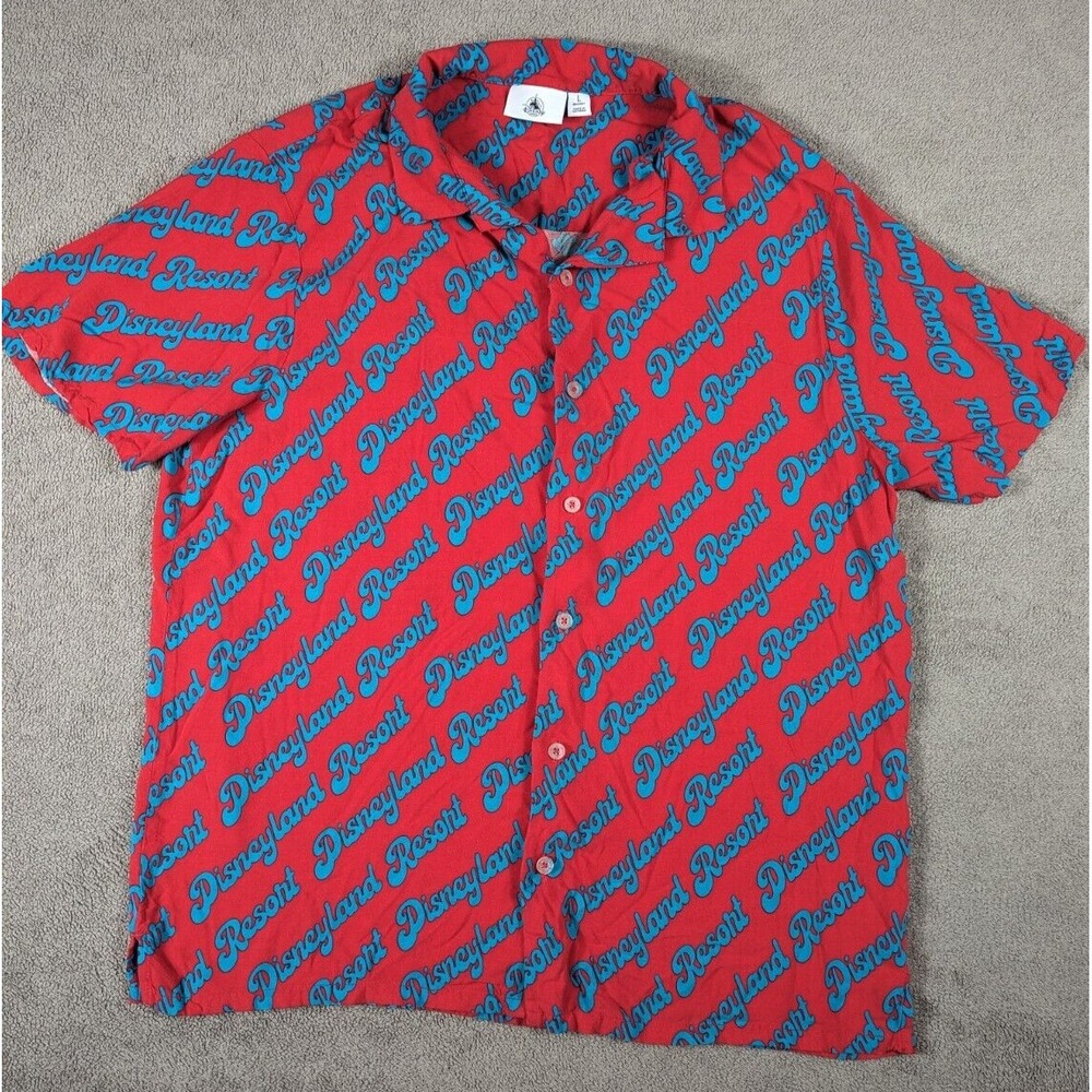Disney Disneyland Resort Shirt Large Red Teal Short Sleeve Button Up